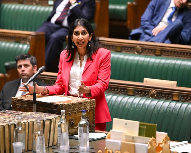 Photo issued by UK Parliament of Home Secretary Suella Braverman delivering a  statement on illegal migration in the House of Commons, London. Credit: UK Parliament/Jessica Taylor /PA Wire 