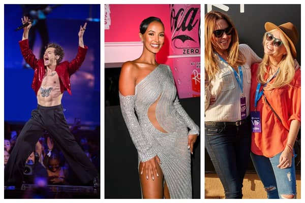 Love Island's Maya Jama and Spice Girls Melanie C and Emma Bunton watched Harry Styles perform at Wembley. Photographs by Getty