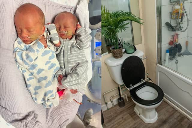 Twin boys Grayson and Neo Cattanach and the bathroom where Corinne gave birth (Photo: Corinne Rose / SWNS)