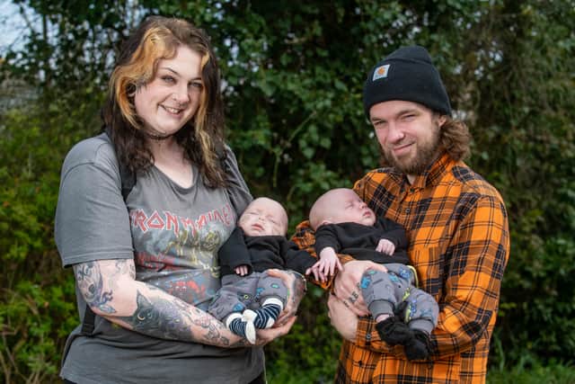 Corinne Rose and her partner Will Cattanach with twins Grayson and Neo (Photo:  SWNS)