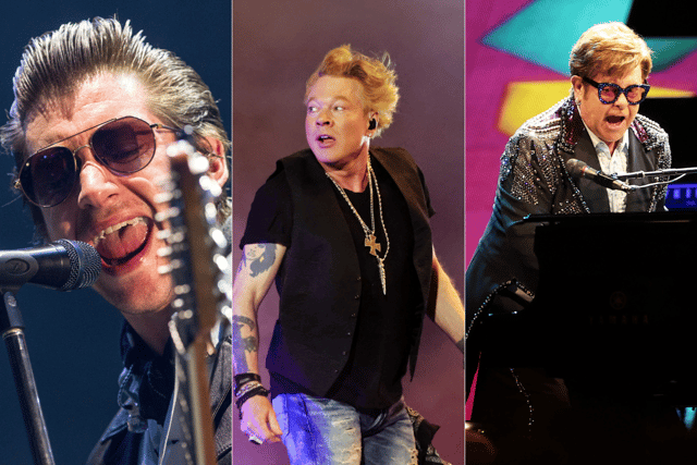 (L-R) Arctic Monkey's frontman Alex Turner, Guns 'n' Roses frontman Axl Rose and Sir Elton John are your headliners at this year's Glastonbury Festival (Credit: Getty Images)