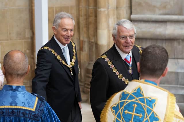 Former Prime Ministers Tony Blair and John Major depart after the Coronation of King Charles III and Queen Camilla on May 6, 2023 in London, England. (Photo by Dan Charity - WPA Pool/Getty Images)