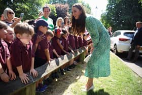 NUNEATON, ENGLAND - JUNE 15: Catherine, Princess of Wales greets schoolchildren outside Riversley Park Children's Centre on June 15, 2023 in Nuneaton, England. (Photo by Phil Noble - WPA Pool/Getty Images)