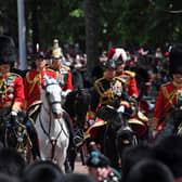 Prince William, Duke of Cambridge and  Princess Anne, Princess Royal and Prince Charles, Prince of Wales ride horseback during the Trooping the Colour parade at Buckingham Palace on June 02, 2022 in London, England. The Platinum Jubilee of Elizabeth II is being celebrated from June 2 to June 5, 2022, in the UK and Commonwealth to mark the 70th anniversary of the accession of Queen Elizabeth II on 6 February 1952.  (Photo by Chris J Ratcliffe/Getty Images)