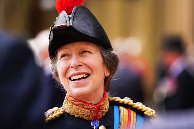 Princess Anne, the Princess Royal, speaks with guests after the presentation of the new Sovereign's Standard to The Blues and Royals during a ceremony at Buckingham Palace on June 15, 2023 in London, (Photo by Victoria Jones - Pool/Getty Images)