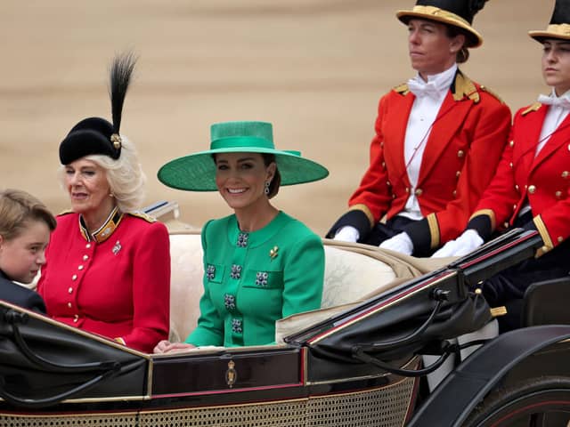 LONDON, ENGLAND - JUNE 17: Prince George of Wales, Catherine, Princess of Wales and Queen Camilla ride in a horse drawn carriage during Trooping the Colour at Horse Guards Parade on June 17, 2023 in London, England. Trooping the Colour is a traditional parade held to mark the British Sovereign's official birthday. It will be the first Trooping the Colour held for King Charles III since he ascended to the throne. (Photo by Rob Pinney/Getty Images)