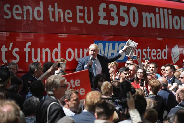 Boris Johnson MP  addresses members of the public in Parliament St, York during the Brexit Battle Bus tour of the UK on May 23, 2016 in York, England. (Photo by Christopher Furlong/Getty Images)