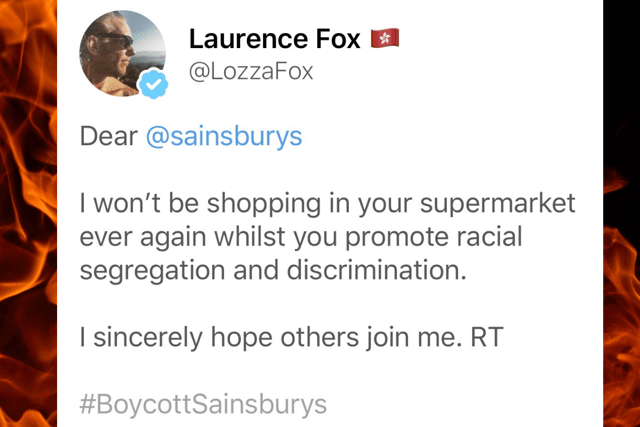 Laurence Fox caused a stir when he misinterpreted Sainsbury's safe space policy for Black staff members in now deleted Tweets (Credit: Twitter)