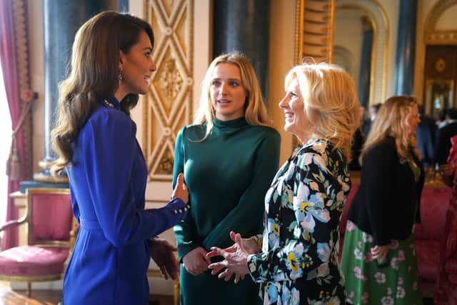 The Princess of Wales chatting to Jill and Finnegan Biden during a reception at Buckingham Palace for overseas guests attending the coronation of King Charles III on May 5, 2023 in London, England. (Photo by Jacob King - WPA Pool / Getty Images)