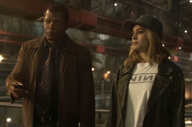 A digitally de-aged Samuel L Jackson as young Nick Fury and Brie Larson as Carol Danvers in Captain Marvel (Credit: Marvel Studios)