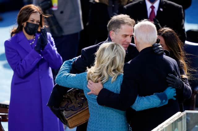 The Bidens hug during Joe Biden's inauguration. Credit: Getty