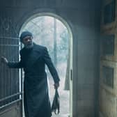 Samuel L. Jackson as Nick Fury in Secret Invasion, entering a mausoleum (Credit: Des Willie/Marvel Studios)