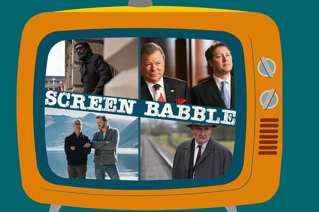 The orange Screen Babble television, featuring images from Marvel's Secret Invasion, Boston Legal, The Great Train Robbery, and Supernova, as discussed on episode 31 (Credit: NationalWorld Graphics)