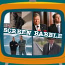 The orange Screen Babble television, featuring images from Marvel's Secret Invasion, Boston Legal, The Great Train Robbery, and Supernova, as discussed on episode 31 (Credit: NationalWorld Graphics)