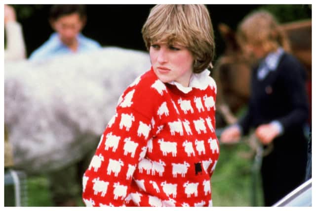 Princess Diana in the 'black sheep' sweater. Photograph by Tim Graham/Getty Images