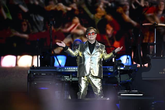 British legendary singer Elton John performs on the Pyramid Stage at the Glastonbury festival (Photo by Oli SCARFF / AFP) (Photo by OLI SCARFF/AFP via Getty Images)