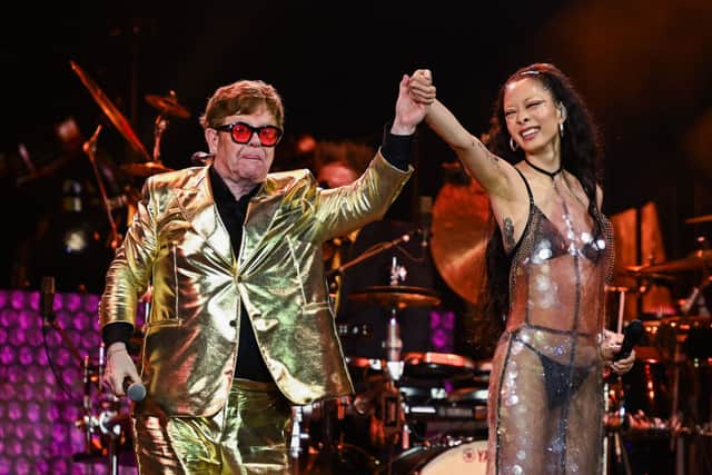 Sir Elton John and Rina Sawayama perform on stage during Day 5 of Glastonbury Festival 2023 on June 25, 2023 in Glastonbury, England. (Photo by Leon Neal/Getty Images) 