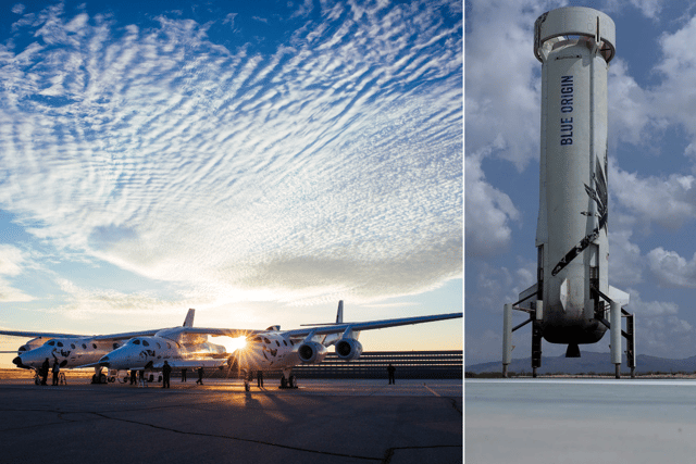 The VMS Eve and VSS Unity (left) operated by Virgin Galactic, and New Shepard (right) operated by Blue Origin (Credit: Virgin Galactic/Blue Origin)