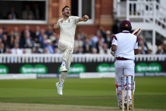 James Anderson celebrates one of his seven wickets against West Indies in 2017 Lord’s Test match