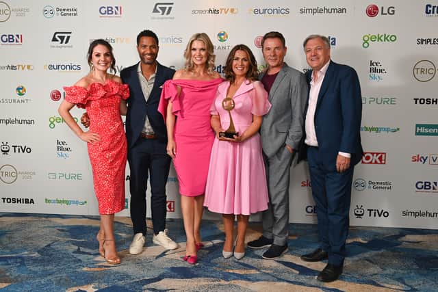 LONDON, ENGLAND - JUNE 27: (L-R) Laura Tobin, Sean Fletcher, Charlotte Hawkins, Susanne Reid, Richard Arnold and Ed Balls with the TRIC Special Award for 'Good Morning Britain' during  The TRIC Awards 2023 at Grosvenor House on June 27, 2023 in London, England. (Photo by Kate Green/Getty Images)