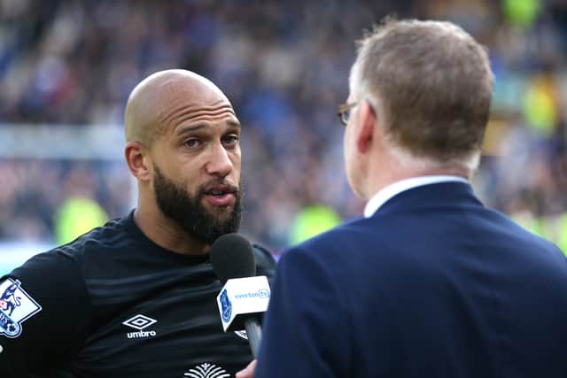 Tim Howard of Everton is interviewed after his final Everton match during the Barclays Premier League match between Everton and Norwich City at Goodison Park on May 15, 2016 in Liverpool, England.  (Photo by Chris Brunskill/Getty Images)