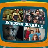 The orange Screen Babble television, featuring images from The Bear, five by five, There She Goes, and Hijack, as discussed in episode 32 (Credit: NationalWorld Graphics)