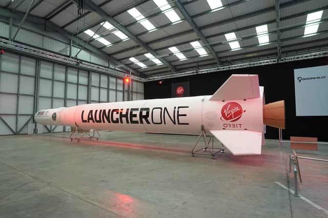 The Virgin Orbit Launcher One rocket is displayed on the opening day of the Story of a Satellite summer exhibition at Spaceport Cornwall on Aug 2, 2021 in Newquay, England. Spaceport Cornwall is aiming to launch its first satellites in spring of 2022. (Photo by Hugh Hastings/Getty Images)