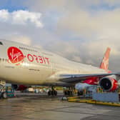 Cosmic Girl, the modified Boeing 747 on November 08, 2022 in Newquay, England. Virgin Orbit's carrier plane "Cosmic Girl," will be used to carry a rocket, named LauncherOne, under one of its wings which will then detach and journey on into the Earth's low orbit where it will release a number of small satellites. The launch, which is planned for next month, will be the first orbital launch from the UK. (Photo by Hugh Hastings/Getty Images)