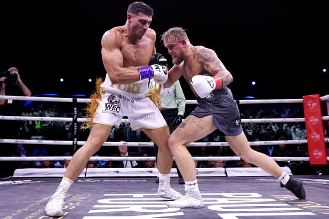 Tommy Fury exchanges punches with Jake Paul during the Cruiserweight Title fight between Jake Paul and Tommy Fury at the Diriyah Arena on February 26, 2023 (Photo by Francois Nel/Getty Images)