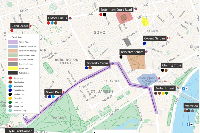 Underground stations adjacent to the parade route and stages for London Pride 2023 (Pic: Pride in London)