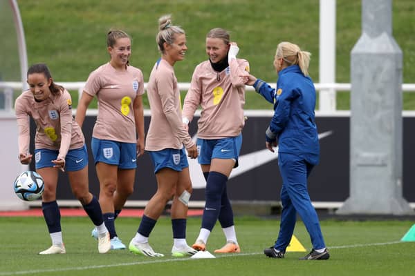Sarina Wiegman at an England training session on June 30 ahead of international friendly