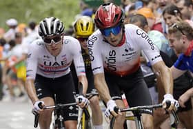 French Victor Lafay of Cofidis, Slovenian Tadej Pogacar of UAE Team Emirates and Danish Jonas Vingegaard of Jumbo-Visma pictured in action during the first stage of the Tour de France (Credit: POOL BERNARD PAPON/BELGA MAG/AFP via Getty Images)
