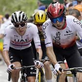 French Victor Lafay of Cofidis, Slovenian Tadej Pogacar of UAE Team Emirates and Danish Jonas Vingegaard of Jumbo-Visma pictured in action during the first stage of the Tour de France (Credit: POOL BERNARD PAPON/BELGA MAG/AFP via Getty Images)