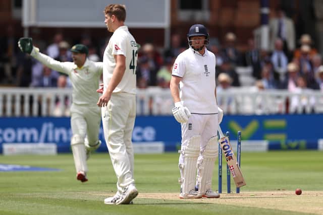 Alex Carey of Australia stumps  Jonny Bairstow of England off the bowling of Cameron Green of Australia during Day Five of the LV= Insurance Ashes 2nd Test match between England and Australia at Lord's Cricket Ground on July 2, 2023 in London, England. (Photo by Ryan Pierse/Getty Images)