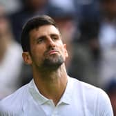 Serbia's Novak Djokovic reacts as he plays against Argentina's Pedro Cachin during their men's singles tennis match on the first day of the 2023 Wimbledon Championships at The All England Tennis Club in Wimbledon, southwest London, on July 3, 2023. (Photo by Daniel LEAL / AFP)