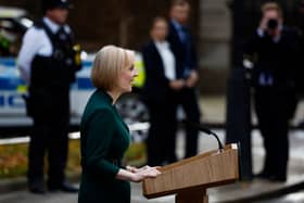British Prime Minister Liz Truss makes a statement prior to her formal resignation outside Number 10 in Downing Street on October 25, 2022 in London, England. Rishi Sunak will take office as the UK's 57th Prime Minister today after he was appointed as Conservative leader yesterday. He was the only candidate to garner 100-plus votes from Conservative MPs in the contest for the top job. He said his aim was to unite his party and the country. (Photo by Jeff J Mitchell/Getty Images)