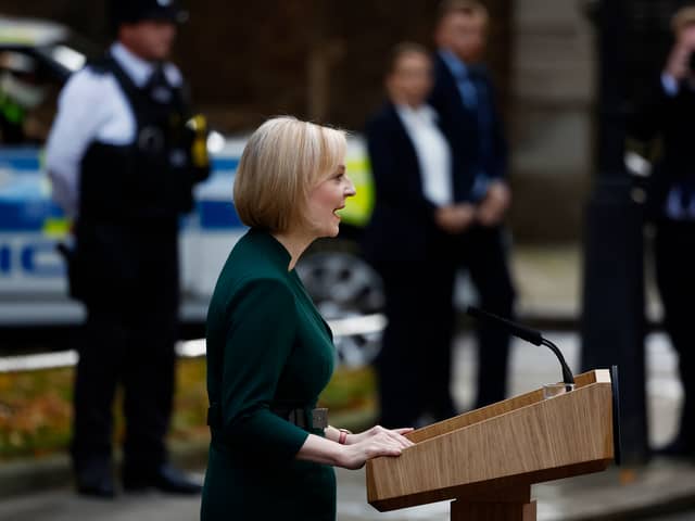 British Prime Minister Liz Truss makes a statement prior to her formal resignation outside Number 10 in Downing Street on October 25, 2022 in London, England. Rishi Sunak will take office as the UK's 57th Prime Minister today after he was appointed as Conservative leader yesterday. He was the only candidate to garner 100-plus votes from Conservative MPs in the contest for the top job. He said his aim was to unite his party and the country. (Photo by Jeff J Mitchell/Getty Images)
