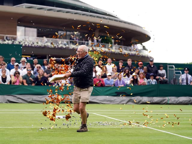 A protester on court 18 throwing confetti on to the grass during Katie Boulter's first-round match against Daria Saville (Adam Davy/PA Wire)