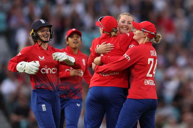 England celebrate Sophie Ecclestone’s wicket of Ashleigh Gardener in second T20 against Australia
