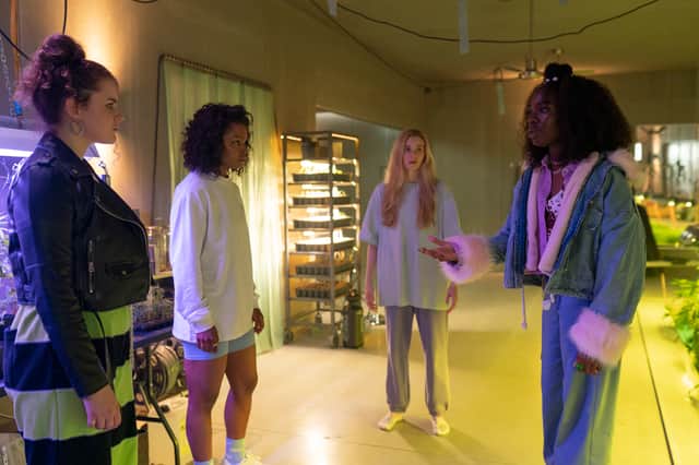 Isidorah Fairhurst as Nessi, Yasmin Monet Prince as Ruth, Leah McNamara as Tara, and Vivian Oparah as Stink in Then You Run, arguing in the drugs lab (Credit: Sky) 