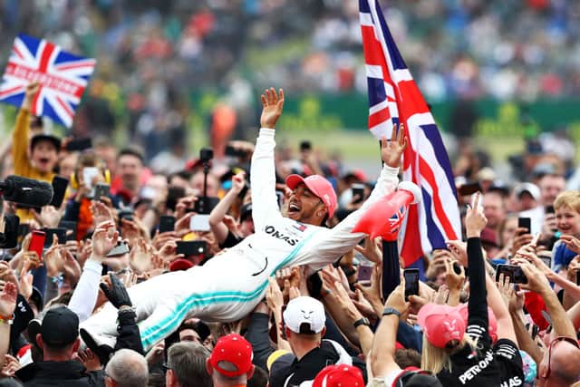 Lewis Hamilton celebrates winning the British Grand Prix in 2019