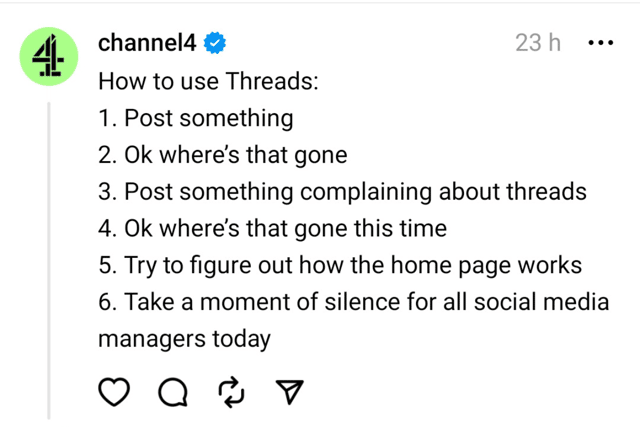 Channel 4's Threads account spent most of the platforms first 24 hours writing about the learning curve we're all coming to grips with 