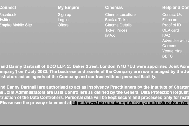 The message at the bottom of Empire Cinemas' website today, stating their administration status (Credit: Empire Cinemas)