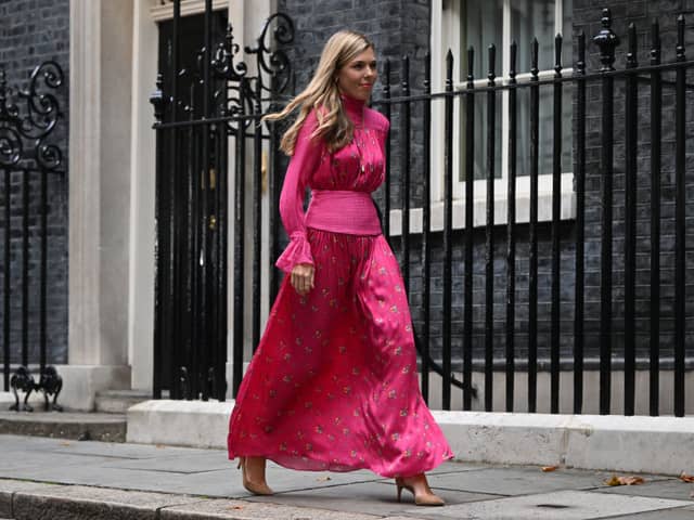 LONDON, ENGLAND - SEPTEMBER 06: Former British Prime Minister Boris Johnson's wife Carrie Johnson walks to join Conservative party members as he prepares to deliver a farewell address before his official resignation at Downing Street on September 6, 2022 in London, England. (Photo by Justin Tallis - Pool/Getty Images)