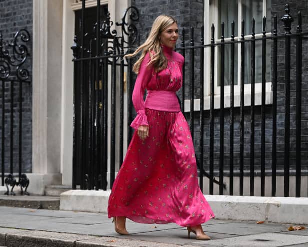 LONDON, ENGLAND - SEPTEMBER 06: Former British Prime Minister Boris Johnson's wife Carrie Johnson walks to join Conservative party members as he prepares to deliver a farewell address before his official resignation at Downing Street on September 6, 2022 in London, England. (Photo by Justin Tallis - Pool/Getty Images)