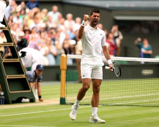 Novak Djokovic celebrates victory over Andrey Rublev in Wimbledon quarter-final