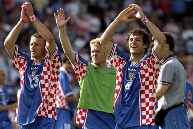 Left to right) Mario Stanic, Robert Prosinecki and Slaven Bilic of Croatia applaud the fans after the World Cup second round match against Romania at the Parc Lescure in Bordeaux, France. Croatia won 1-0.  \ Mandatory Credit: Clive Brunskill /Allsport