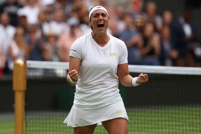 Ons Jabeur celebrates reaching her second Wimbledon semi-final