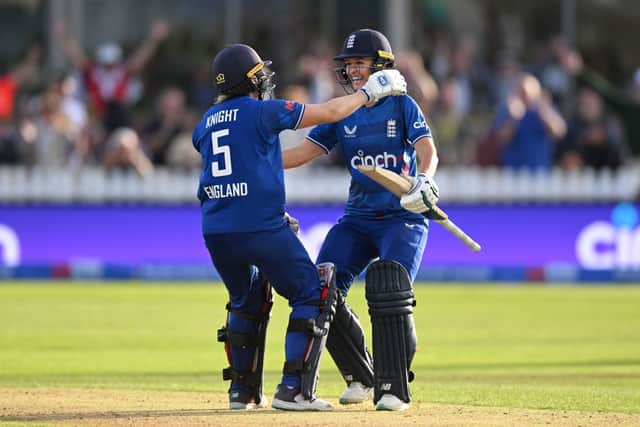 Kate Cross and Heather Knight celebrate winning the first ODI in Women’s Ashes 2023