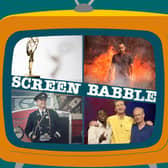 The orange Screen Babble television, featuring images from the Emmys, Heat, Whose Line Is It Anyway, and World on Fire, as discussed in Screen Babble episode 34 (Credit: NationalWorld Graphics)